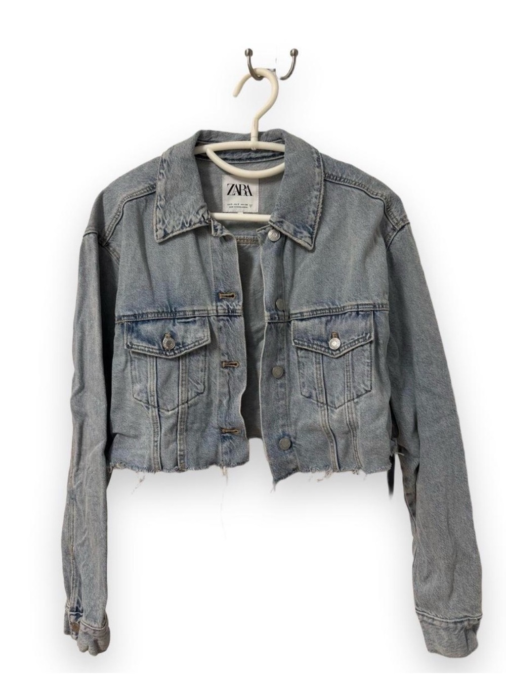 Zara Light Blue Cropped Distressed Denim Jacket